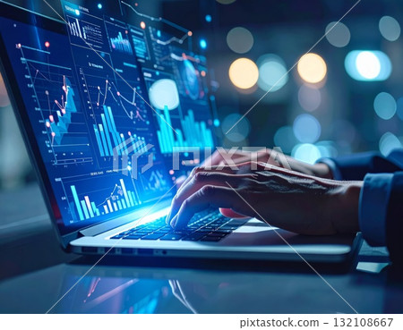 Close view of businessman hands working on a laptop background 132108667