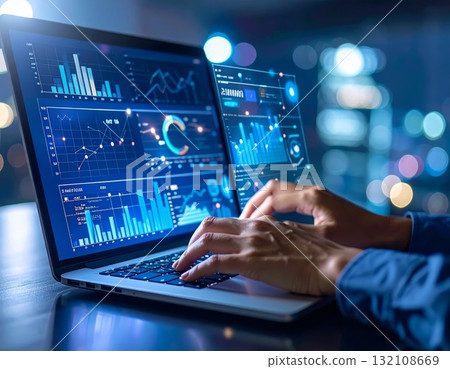 Close view of businessman hands working on a laptop background 132108669