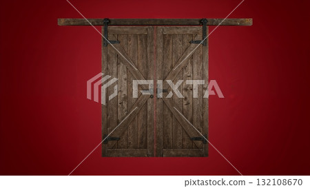 Wooden door over dark red background, no shadows 132108670