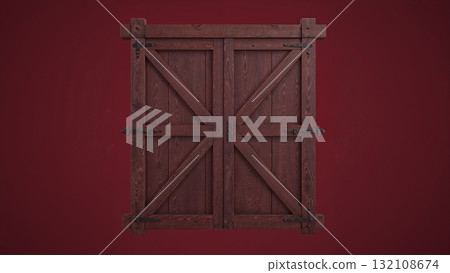 Wooden door over dark red background, no shadows 132108674