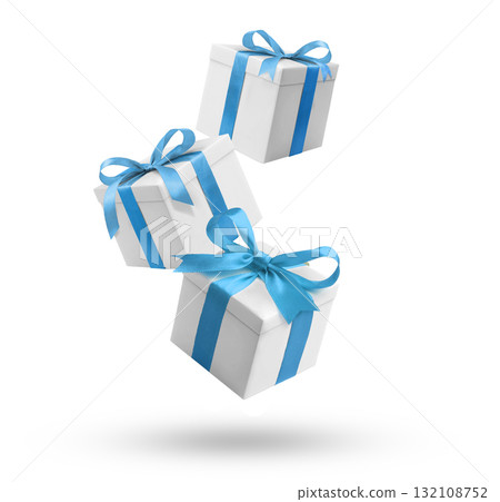 Presents flying on white background Presents flying on white background 132108752