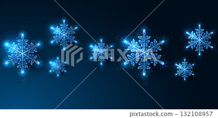 Futuristic glowing snowflakes in blue digital low poly style on dark background, vector illustration 132108957