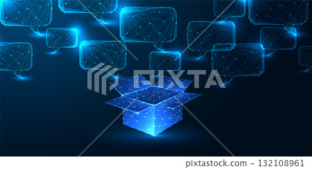 AI creativity and innovation concept with open box and glowing digital communication bubbles AI creativity and innovation concept with open box and glowing digital communication bubbles 132108961