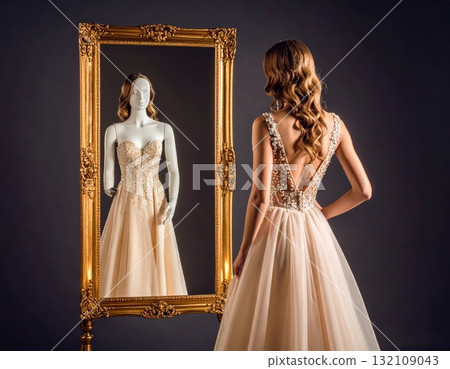 Woman in the evening dress looks at her strange reflection in the old mirror, horror or thriller scene concept Woman in the evening dress looks at her strange reflection in the old mirror, horror or thriller scene concept 132109043