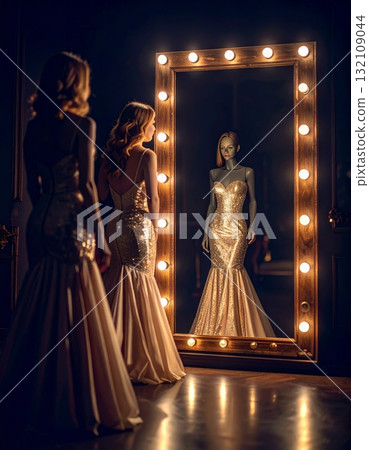 Woman in the evening dress looks at her strange reflection in the old mirror, horror or thriller scene concept 132109044