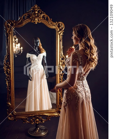 Woman in the evening dress looks at her strange reflection in the old mirror, horror or thriller scene concept Woman in the evening dress looks at her strange reflection in the old mirror, horror or thriller scene concept 132109049