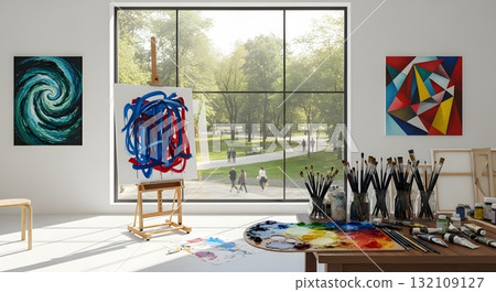 Artist's Studio with Abstract Paintings and... - Stock Illustration ...