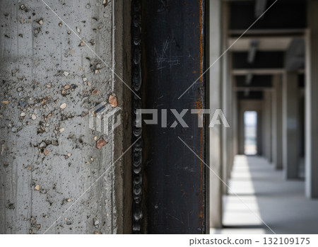 A rough-textured concrete column and a dark, raw steel I-beam. 132109175