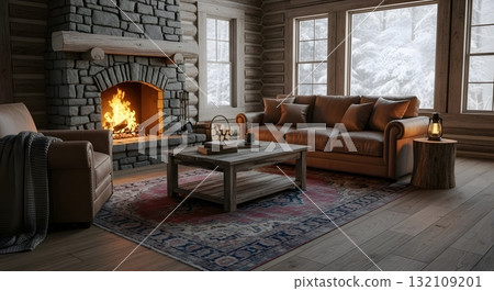 Cozy Cabin Living Room with Fireplace and Rustic Furniture Cozy Cabin Living Room with Fireplace and Rustic Furniture 132109201