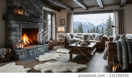 Cozy Mountain Cabin Living Room With Fireplace And View 132109208