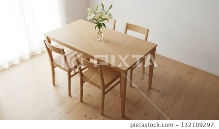 Light Wooden Dining Table with Four Chairs and White Flowers 132109297