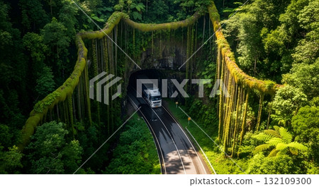 Lush Green Tunnel Entrance With Vehicle 132109300