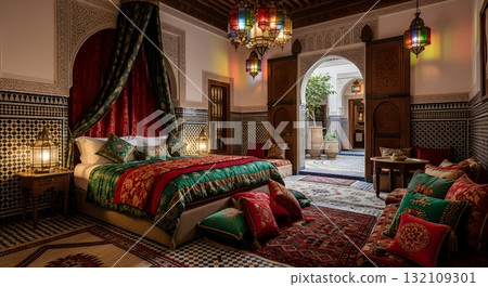 Luxurious Bedroom Interior with Rich Fabrics and Colorful Tiles 132109301