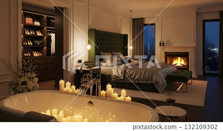 Luxurious Bedroom With City View At Night 132109302