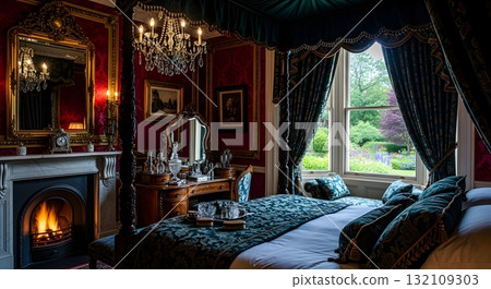 Luxurious Bedroom With Four Poster Bed And Fireplace 132109303