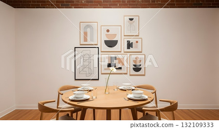 Minimalist Dining Room with Neutral Tones and Abstract Art 132109333
