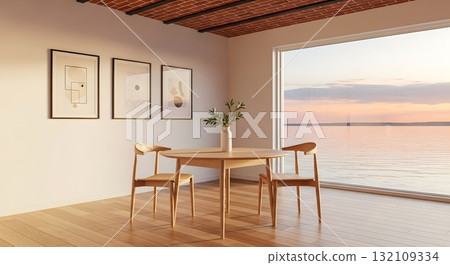 Minimalist Dining Room with Ocean View at Sunset 132109334