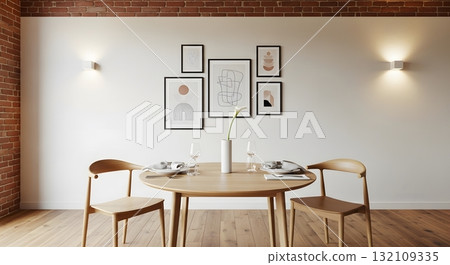 Minimalist Dining Room with Wooden Table and Neutral Decor 132109335
