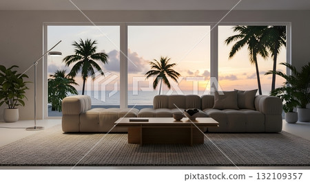 Modern Beach House Living Room with Sunset View 132109357