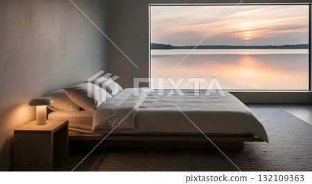 Modern Bedroom with Lake Sunset View 132109363