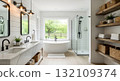 Modern Farmhouse Bathroom Interior Design with Freestanding Tub 132109374