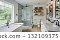 Modern Farmhouse Bathroom with Freestanding Tub and Walk in Shower 132109375