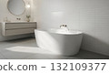 Modern Freestanding White Bathtub In Minimalist Bathroom 132109377