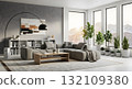 Modern Gray Sectional Sofa in Minimalist Living Room with Mountain View 132109380