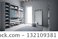 Modern Gray Walk In Closet With Clothes And Rug 132109381