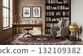Modern Home Office With Brick Walls And Wooden Desk 132109382