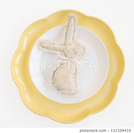 Easter celebration concept. Top view vertical white yellow plate eggs, isolated background, banner Easter celebration concept. Top view vertical white yellow plate eggs, isolated background, banner 132109410