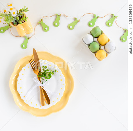 Easter celebration concept. Top view vertical empty dishes Easter eggs, isolated background, banner Easter celebration concept. Top view vertical empty dishes Easter eggs, isolated background, banner 132109426