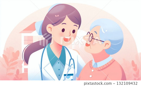 Elderly woman receiving home visits and vaccinations - Medical system for the elderly 132109432