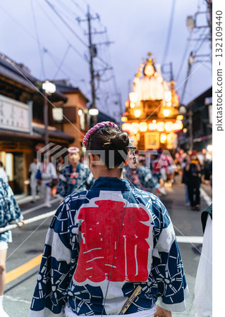 Rear view of a woman wearing a happi coat at the Sawara Grand Festival (Summer) 132109440