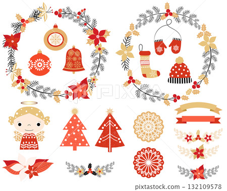 Christmas set with design elements in red, gold and black colors - flower wreaths, floral laurels, mittens, hat, stocking, ornaments, snowflakes, angel, trees and banners 132109578
