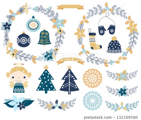 Elegant Christmas set with wreaths, snowflake ornaments and festive design elements in blue and gold colors Elegant Christmas set with wreaths, snowflake ornaments and festive design elements in blue and gold colors 132109580