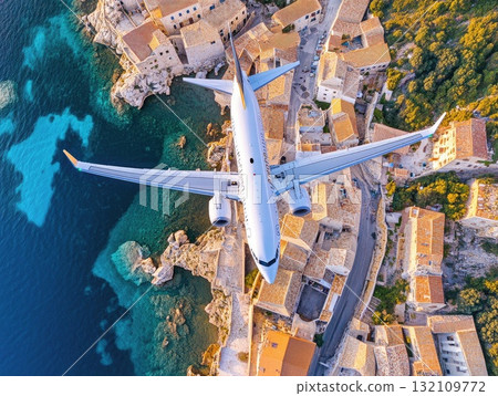 Aerial View Of A Passenger Airplane Flying Over A Coastal Town With Buildings During Bright Daylight Aerial View Of A Passenger Airplane Flying Over A Coastal Town With Buildings During Bright Daylight 132109772