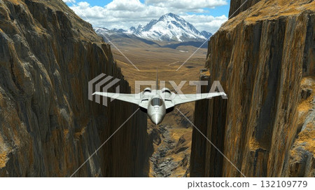 Aircraft Navigating Narrow Canyon Landscape Under Blue Skies Depicting Adventure Aircraft Navigating Narrow Canyon Landscape Under Blue Skies Depicting Adventure 132109779