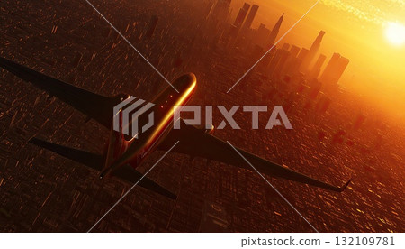 Airplane Aerial View over Illuminated City at Sunset with Golden Light Airplane Aerial View over Illuminated City at Sunset with Golden Light 132109781