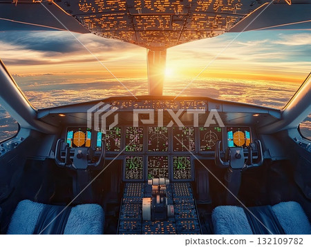 Airplane Cockpit Interior View During Sunset with Illuminated Instruments 132109782