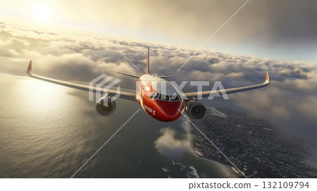 Airplane Flying Over City Above The Clouds During Sunset Or Sunrise With Red And White Color Scheme 132109794