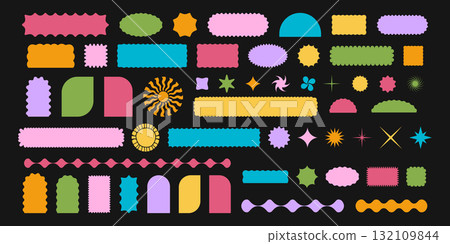 Set of colorful geometric forms with wavy edges. Cute basic shapes with curved borders. Empty textbox, sticker, tag or label templates isolated on black background. Vector flat illustration 132109844