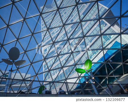 [Poland] Skyscrapers seen through a lattice-like glass skylight in the capital, Warsaw 132109877