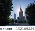 [Poland] Palace of Culture and Science in the capital Warsaw, street trees and a clear evening sky 132109884