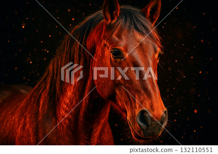 Elegant Brown Horse Portrait with Glowing Background and Sparks 132110551