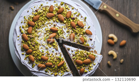 Homemade almond and pistachio cream cheesecake 132110690