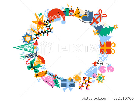 Round frame of cartoon illustration for Christmas and New Year. Concept of the winter holiday for the design of invitations, greeting cards and wallpapers. Festive decor, fir trees, decorations, gifts Round frame of cartoon illustration for Christmas and New Year. Concept of the winter holiday for the design of invitations, greeting cards and wallpapers. Festive decor, fir trees, decorations, gifts 132110706