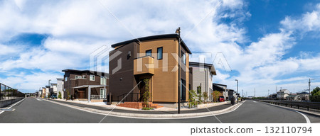 Panorama of a cityscape of modern detached houses lined up under a blue sky 132110794