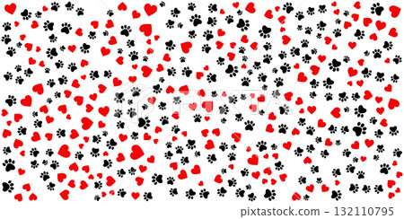 Cute Pet Themed Pattern of Paw Prints and Hearts. 132110795