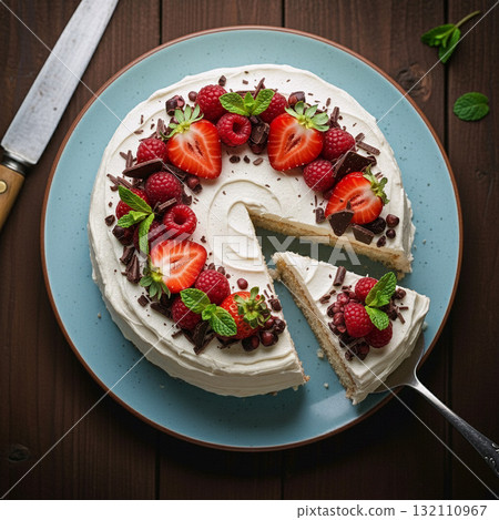 Cream cheesecake with lots of berries 132110967